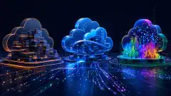 Una ilustración digital abstracta con tres estructuras de nubes distintas que representan AWS, Azure y Google Cloud, iluminadas en colores vibrantes sobre un fondo oscuro.