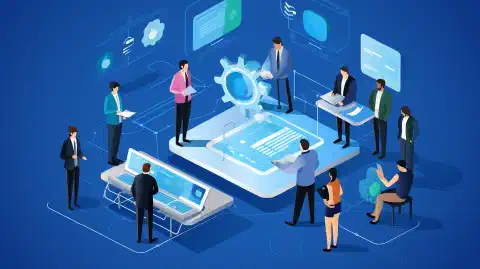 Un grupo de desarrolladores colaborando alrededor de un símbolo de repositorio, significando trabajo en equipo eficiente.