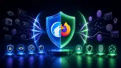 Una ilustración que muestra un paisaje digital con una estructura en forma de escudo que simboliza la privacidad, rodeada de íconos vibrantes que representan la protección de datos, sobre un fondo oscuro.