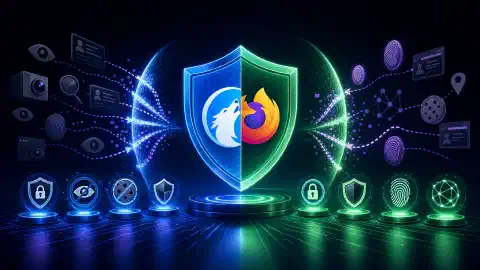 Una ilustración que muestra un paisaje digital con una estructura en forma de escudo que simboliza la privacidad, rodeada de íconos vibrantes que representan la protección de datos, sobre un fondo oscuro.