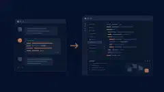 Conversación en el terminal y espacio de trabajo gráfico de programación unidos por una flecha de transferencia de sesión sobre un fondo oscuro