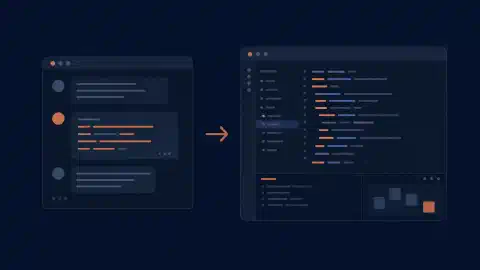 Conversación en el terminal y espacio de trabajo gráfico de programación unidos por una flecha de transferencia de sesión sobre un fondo oscuro