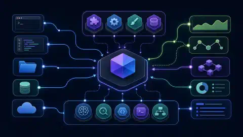 Iconos de herramientas azules y morados, carpetas y paneles de gráficos abstractos conectados a un núcleo geométrico central sobre un fondo oscuro