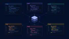 Seis ventanas de terminal abstractas rodean un símbolo de repositorio en una cuadrícula equilibrada sobre un fondo oscuro