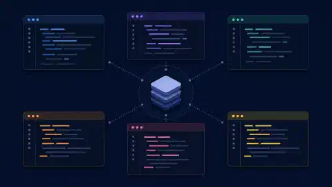 Seis ventanas de terminal abstractas rodean un símbolo de repositorio en una cuadrícula equilibrada sobre un fondo oscuro