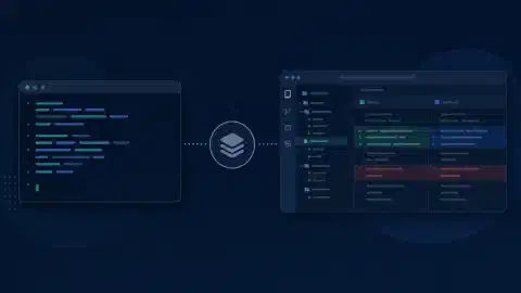 Espacios de programación de terminal y escritorio conectados a un símbolo de repositorio con detalles turquesa y azules