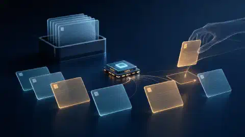 Un procesador luminoso junto a tarjetas de documentos translúcidas reordenadas y un archivo separado sobre una superficie oscura