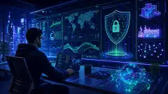 Un profesional de ciberseguridad trabajando en una oficina moderna, rodeado de pantallas holográficas de análisis de datos y mapas de amenazas, con acentos de neón vibrantes sobre fondo oscuro.