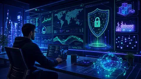 Un profesional de ciberseguridad trabajando en una oficina moderna, rodeado de pantallas holográficas de análisis de datos y mapas de amenazas, con acentos de neón vibrantes sobre fondo oscuro.