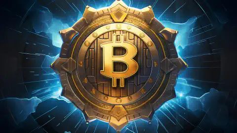 Una obra de arte simbólica que muestra un escudo-emblema, representando la transformación de Bitcoin en una poderosa tecnología de seguridad electro-cibernética.