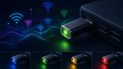 Una ilustración de un pequeño dispositivo similar al ESP32 WiFi Canary, conectado a un puerto USB, con un LED RGB que brilla en varios colores sobre un fondo oscuro, simbolizando sus capacidades de detección de amenazas.