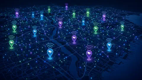 Un mapa interactivo que muestra marcadores coloridos que indican ubicaciones de cámaras ALPR de Flock Safety, con señales WiFi abstractas emanando de los marcadores sobre un fondo oscuro.