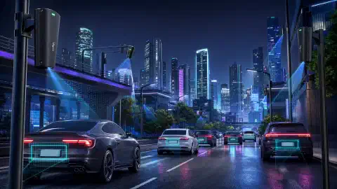 Una ilustración de una ciudad futurista con varias cámaras ALPR de Flock Safety montadas en postes y edificios, capturando vehículos que pasan. La escena presenta un fondo oscuro con colores brillantes y vibrantes.