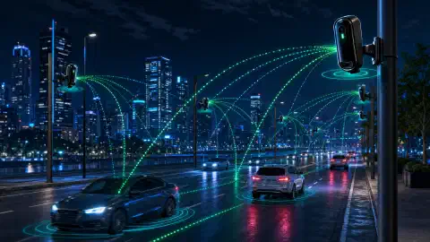 Una intersección oscura iluminada por una cámara de vigilancia montada en un poste, con datos de matrícula superpuestos en los coches que pasan.