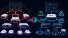 Una ilustración que muestra dos arquitecturas de seguridad de red. A la izquierda, los componentes de Fortinet como los cortafuegos FortiGate y FortiSwitch están interconectados. A la derecha, las soluciones de Cisco como Secure Firewall y los conmutadores Catalyst están representados, todo sobre un fondo oscuro.
