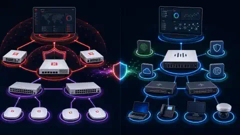 Una ilustración que muestra dos arquitecturas de seguridad de red. A la izquierda, los componentes de Fortinet como los cortafuegos FortiGate y FortiSwitch están interconectados. A la derecha, las soluciones de Cisco como Secure Firewall y los conmutadores Catalyst están representados, todo sobre un fondo oscuro.