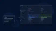 Indicación de terminal conectada a una selección del editor y una diferencia visual en un espacio de programación azul y verde