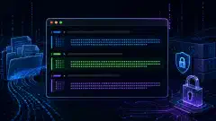 Una ilustración de un terminal Linux futurista mostrando salidas de comandos de hash, rodeado de archivos abstractos y símbolos digitales sobre un fondo oscuro, con acentos vibrantes en azul, verde y púrpura.