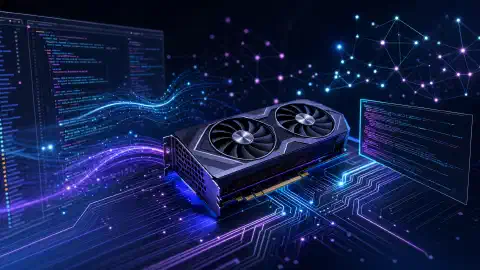 Ilustración de un entorno local de programación con IA, con una GPU NVIDIA RTX 4060 Ti rodeada de flujos de datos luminosos y fragmentos de código sobre un fondo oscuro.
