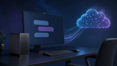 Una estación de trabajo conectada por una ruta luminosa con una nube abstracta de puntos de red sobre un fondo oscuro