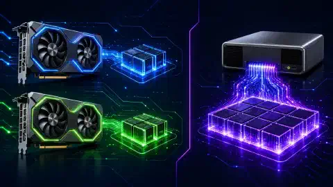 Ilustración con dos tarjetas gráficas NVIDIA RTX 5060 Ti a la izquierda y un sistema NVIDIA GB10 a la derecha, ambos resaltados sobre un fondo oscuro con colores vivos.