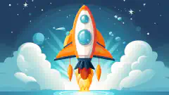 Un alegre cohete de dibujos animados volando por el cielo con el texto 'OrangeWebsite' en su lateral, simbolizando la experiencia de alojamiento rápido y seguro.