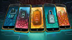 Ilustración de cuatro smartphones, cada uno de los cuales representa a Session, Status, Signal y Threema, protegidos con candados, lo que pone de relieve su interés por la mensajería segura.