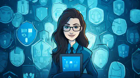 Una imagen de dibujos animados de una persona rodeada de escudos protectores, que representa la privacidad en línea y la protección de datos.