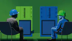 Dos servidores enfrentados, uno azul y otro verde. En el lado azul hay una persona de pie con casco y chaleco de seguridad. En el lado verde, una persona sentada en el sofá.