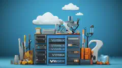 Una torre de servidor informático, una nube y una caja de herramientas simbolizando las opciones VMware ESXi, Citrix XenServer y Hyper-V.