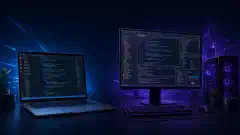 Una ilustración que muestra un portátil con Visual Studio Code en la izquierda y un escritorio con Visual Studio en la derecha, sobre un fondo oscuro. El lado izquierdo muestra fragmentos de código coloridos, mientras el derecho muestra proyectos de codificación complejos.
