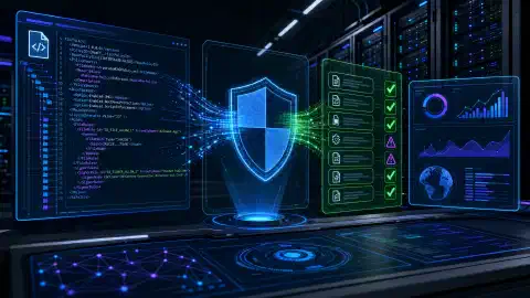 Una ilustración de una sala de servidores futurista con pantallas brillantes que muestran estructuras de archivos XML y BIN relacionadas con Windows Defender Application Control. El fondo oscuro realza los colores vibrantes.
